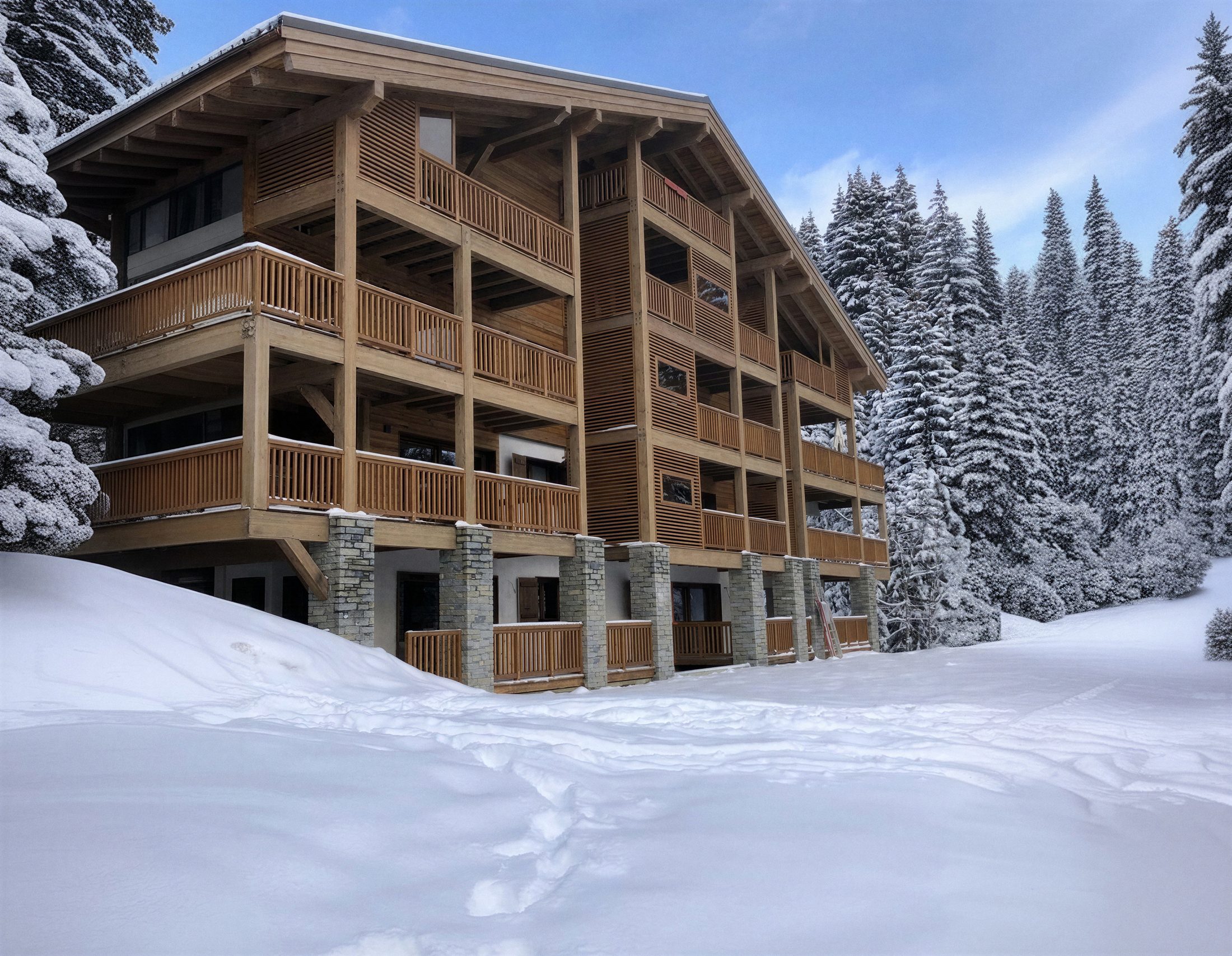 Façade en bois de la résidence du Chalet de Jeanne aux Saisies, entourée de sapins enneigés